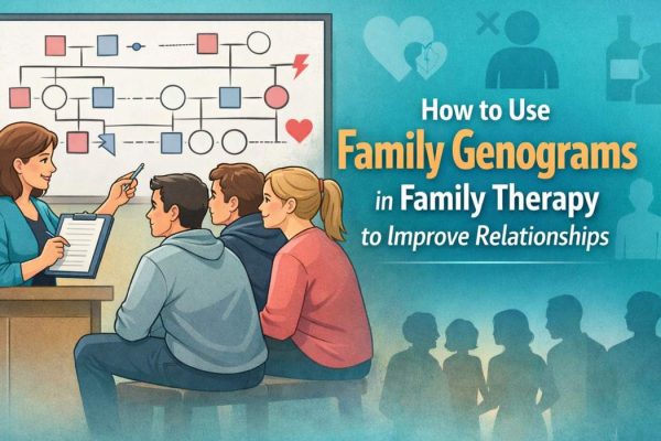 How to Use Family Genograms in Family Therapy to Improve Relationships with therapist explaining a multi generational genogram chart to a family