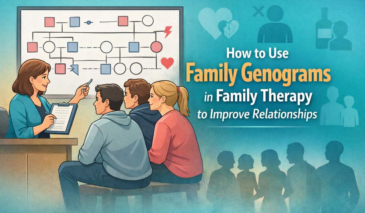 How to Use Family Genograms in Family Therapy to Improve Relationships 1 How to Use Family Genograms in Family Therapy to Improve Relationships with therapist explaining a multi generational genogram chart to a family