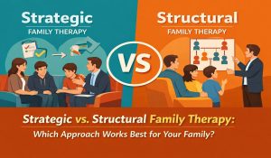Strategic vs Structural Family Therapy comparison illustration showing two therapy approaches with families and therapist in session setting.