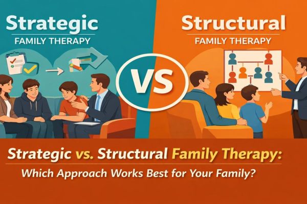 Strategic vs Structural Family Therapy comparison illustration showing two therapy approaches with families and therapist in session setting.