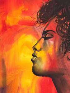 Expressive portrait painting featuring a side profile view of an individual with dark, curly hair set against a vibrant backdrop. LGBTQIA+ affirming therapy in Lynn, MA is here to support individuals navigating emotional regulation. Learn more here!