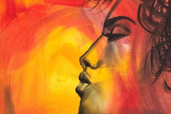 Expressive portrait painting featuring a side profile view of an individual with dark, curly hair set against a vibrant backdrop. LGBTQIA+ affirming therapy in Lynn, MA is here to support individuals navigating emotional regulation. Learn more here!